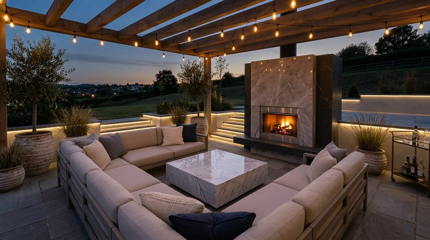 Anchor the center with a coffee or fire table inspiration for an outdoor patio.